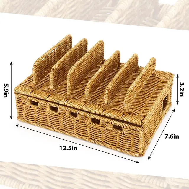 Alt view image 2 of 7 - Cable Management Box Handwoven Imitation Rattan Cord Hider Box Charging Station Basket Desktop Cord Organizer with Removable Divider for Laptop Tablet 12.5lx5.9hx7.6w-inch(Rattan Color)