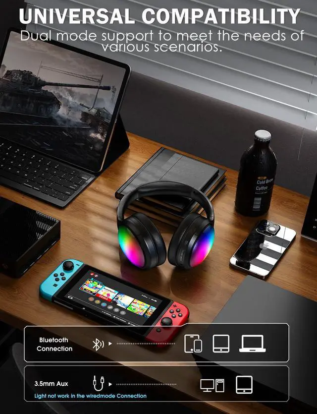 Alt view image 6 of 7 - Bluetooth Headphone with Cool RGB Light, Foldable Lightweight Wireless Over Ear Headphone, 90° Rotatable Earcups, HiFi Stereo with Deep Bass Audio for Travel, iPad Cellphone Laptop PC