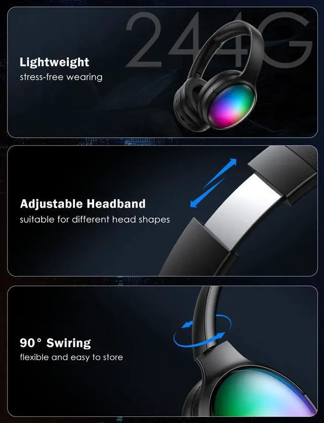 Alt view image 5 of 7 - Bluetooth Headphone with Cool RGB Light, Foldable Lightweight Wireless Over Ear Headphone, 90° Rotatable Earcups, HiFi Stereo with Deep Bass Audio for Travel, iPad Cellphone Laptop PC