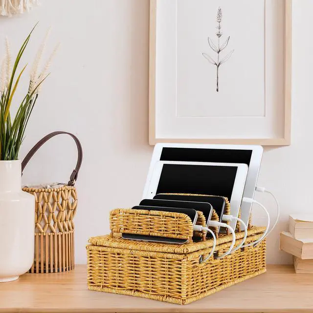 Alt view image 5 of 7 - Cable Management Box Handwoven Imitation Rattan Cord Hider Box Charging Station Basket Desktop Cord Organizer with Removable Divider for Laptop Tablet 12.5lx5.9hx7.6w-inch(Rattan Color)