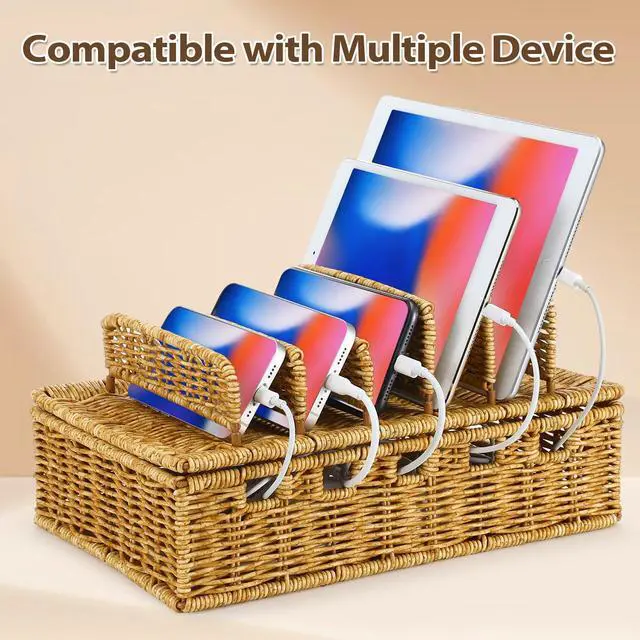 Alt view image 6 of 7 - Cable Management Box Handwoven Imitation Rattan Cord Hider Box Charging Station Basket Desktop Cord Organizer with Removable Divider for Laptop Tablet 12.5lx5.9hx7.6w-inch(Rattan Color)