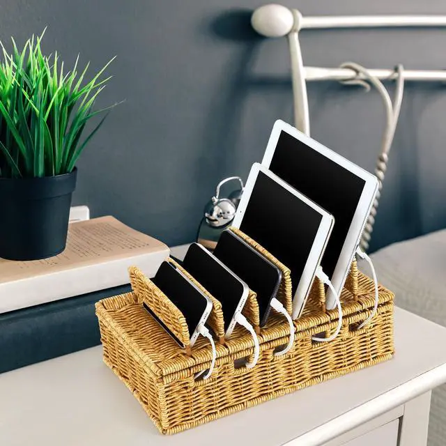 Alt view image 7 of 7 - Cable Management Box Handwoven Imitation Rattan Cord Hider Box Charging Station Basket Desktop Cord Organizer with Removable Divider for Laptop Tablet 12.5lx5.9hx7.6w-inch(Rattan Color)