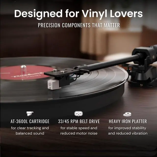 Alt view image 3 of 6 - Vinyl Record Player with Speakers, Walnut/Silver | Bluetooth IN/OUT, 4-Speaker Stereo, Belt-Drive Turntable, 33/45 RPM, RCA Output, Auto-Stop, Adjustable Counterweight
