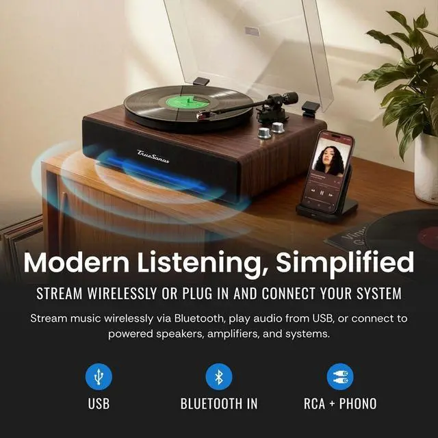 Alt view image 4 of 6 - Vinyl Record Player with Speakers, Walnut/Silver | Bluetooth IN/OUT, 4-Speaker Stereo, Belt-Drive Turntable, 33/45 RPM, RCA Output, Auto-Stop, Adjustable Counterweight