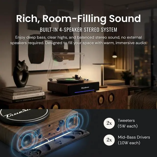 Alt view image 2 of 6 - Vinyl Record Player with Speakers, Walnut/Silver | Bluetooth IN/OUT, 4-Speaker Stereo, Belt-Drive Turntable, 33/45 RPM, RCA Output, Auto-Stop, Adjustable Counterweight