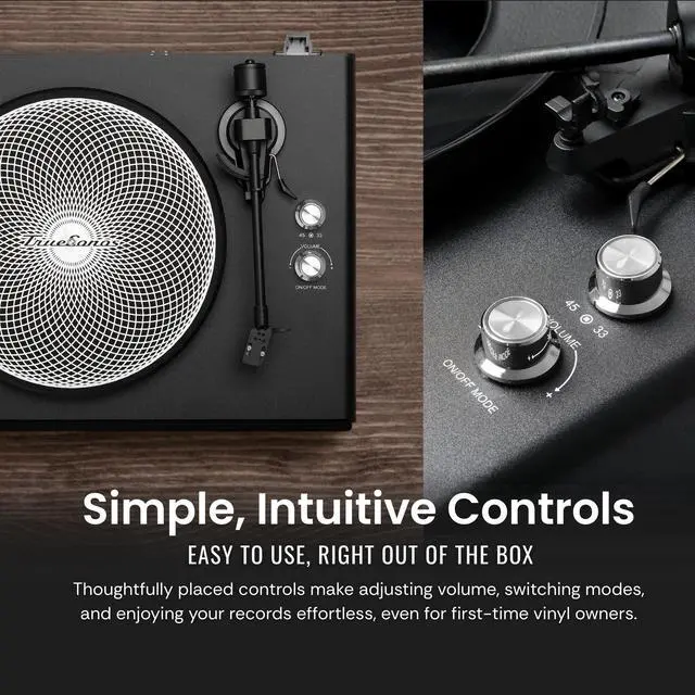 Alt view image 5 of 6 - Vinyl Record Player with Speakers, Walnut/Silver | Bluetooth IN/OUT, 4-Speaker Stereo, Belt-Drive Turntable, 33/45 RPM, RCA Output, Auto-Stop, Adjustable Counterweight