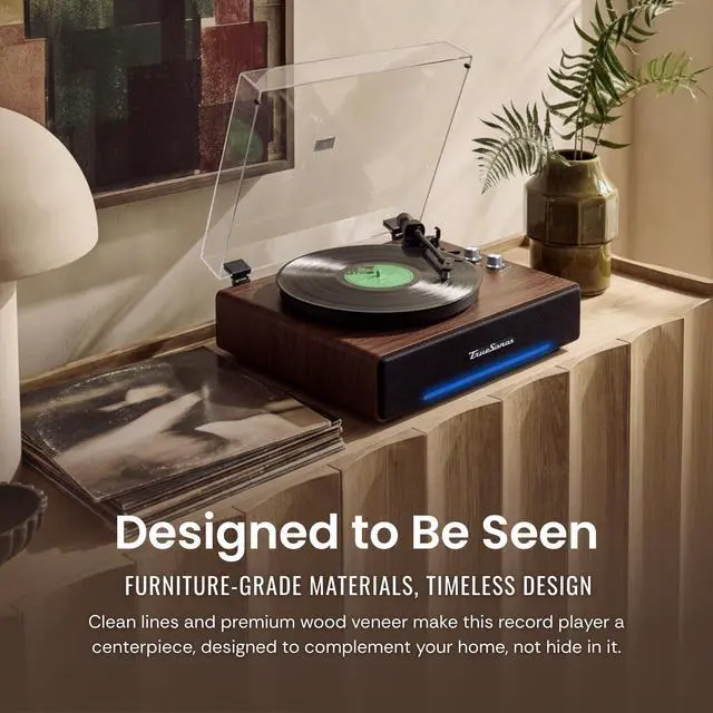 Alt view image 6 of 6 - Vinyl Record Player with Speakers, Walnut/Silver | Bluetooth IN/OUT, 4-Speaker Stereo, Belt-Drive Turntable, 33/45 RPM, RCA Output, Auto-Stop, Adjustable Counterweight