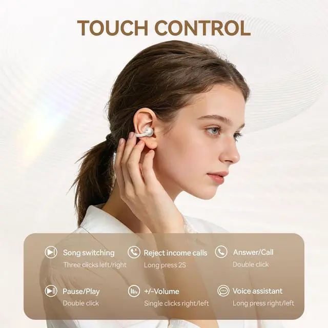 Alt view image 6 of 7 - Clip On Earbuds Open Ear Ear Buds Wireless Bluetooth 5.4 Headphones,48H Playtime,IPX6 Waterproof,Touch Control,Comfortable for Workouts and Daily Use (Skin)