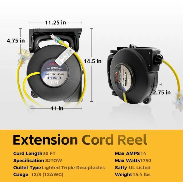Alt view image 2 of 7 - 12 Gauge 30 FT SJTOW Retractable Extension Cord, Heavy Duty Power Cord, 14 Amp 125V 1750W, Triple Outlet Electric Cord Reel, Ceiling or Wall Mount, UL Listed