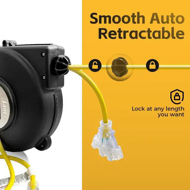 Alt view image 4 of 7 - 12 Gauge 30 FT SJTOW Retractable Extension Cord, Heavy Duty Power Cord, 14 Amp 125V 1750W, Triple Outlet Electric Cord Reel, Ceiling or Wall Mount, UL Listed