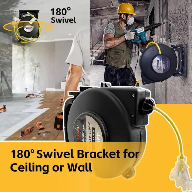 Alt view image 6 of 7 - 12 Gauge 30 FT SJTOW Retractable Extension Cord, Heavy Duty Power Cord, 14 Amp 125V 1750W, Triple Outlet Electric Cord Reel, Ceiling or Wall Mount, UL Listed