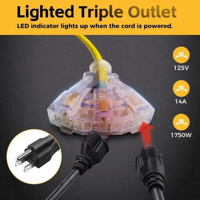 Alt view image 5 of 7 - 12 Gauge 30 FT SJTOW Retractable Extension Cord, Heavy Duty Power Cord, 14 Amp 125V 1750W, Triple Outlet Electric Cord Reel, Ceiling or Wall Mount, UL Listed
