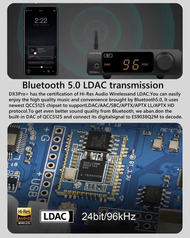 Alt view image 3 of 7 - DX3Pro+ LDAC Headphone Amplifier, ES9038Q2M Bluetooth 5.0 DAC, NFCA Audio Decoder, USB/Optical/Coax Inputs, with Remote Control, Headphone Amp, Line Out, Pre-Amp Function (Black)