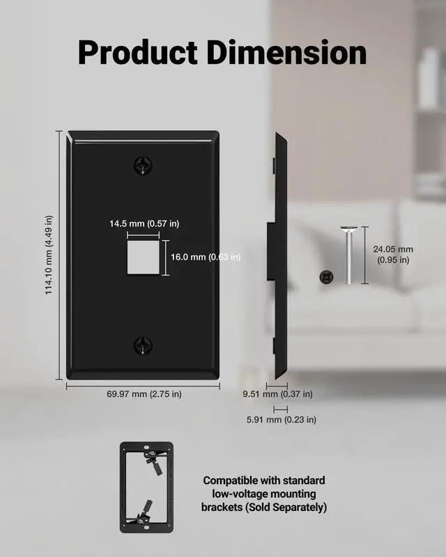 Alt view image 6 of 7 - UL Listed Keystone Wall Plate 1-Port for Keystone Jack, Black 10-Pack | UL Listed for Safety, Designed for RJ45/HDMI/Coax Keystone Jack, Low Profile Wall Plate