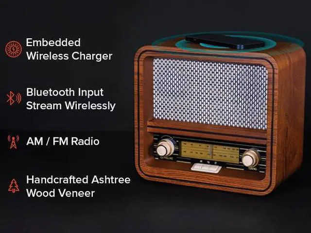 Alt view image 4 of 7 - Fuse RAD Vintage Wood Retro Radio | AM/FM Radio with Bluetooth, Wireless Charger & AUX Input | Mid Century Modern Style | Handcrafted Ashtree Wood