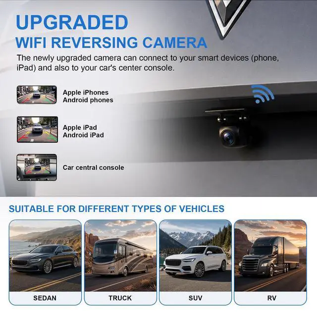 Alt view image 4 of 7 - WiFi Backup Camera for Car, HD 720P Rear View Camera, 120-Degree Wide Angle Night Vision Reverse Camera with Metal Housing, IP69-Rated, for Cars, Trucks, SUVs and RVs