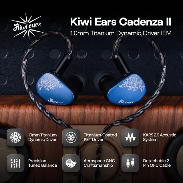 Alt view image 2 of 7 - Kiwi Ears Cadenza II in Ear Monitor, 10mm Titanium Dynamic Driver IEM Earphone with KARS 2.0 for Precise Tonal Balance - CNC Aluminum Panel with Detachable 2-Pin Cable for Musicians (Blue)