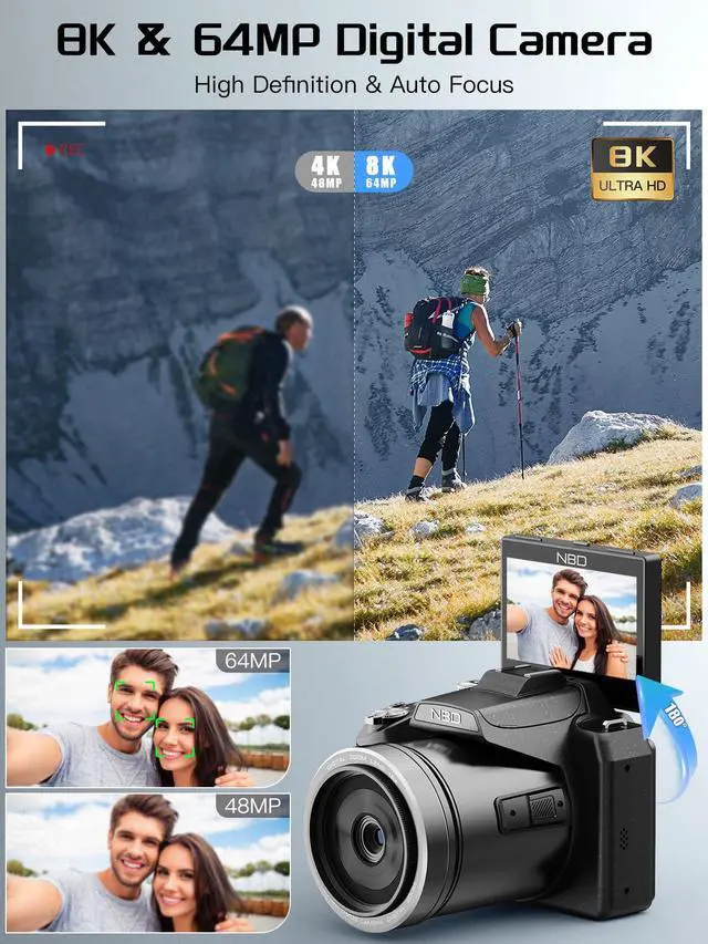 Alt view image 6 of 6 - 64MP 8K Cameras for Photography with 2.8" Flip Screen & Hot Shoe, 16X Zoom, WiFi, Autofocus Vlogging Camera for YouTube, Includes 64GB Card & 2 Batteries (Black)