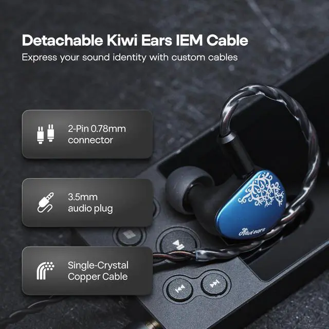 Alt view image 7 of 7 - Kiwi Ears Cadenza II in Ear Monitor, 10mm Titanium Dynamic Driver IEM Earphone with KARS 2.0 for Precise Tonal Balance - CNC Aluminum Panel with Detachable 2-Pin Cable for Musicians (Blue)