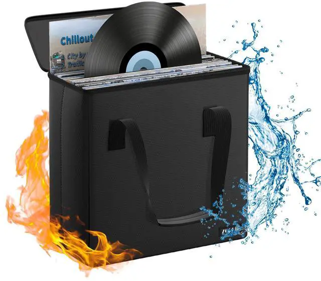 Main image of Fireproof Vinyl Record Storage Box,Holds 30 Albums, Black | Water Resistant, Collapsible, Carrying Case with Lid, Fit 7/12 inch Albums