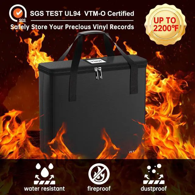 Alt view image 3 of 7 - Fireproof Vinyl Record Storage Box,Holds 30 Albums, Black | Water Resistant, Collapsible, Carrying Case with Lid, Fit 7/12 inch Albums