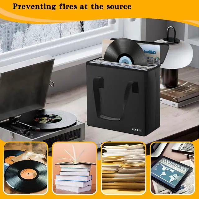 Alt view image 5 of 7 - Fireproof Vinyl Record Storage Box,Holds 30 Albums, Black | Water Resistant, Collapsible, Carrying Case with Lid, Fit 7/12 inch Albums