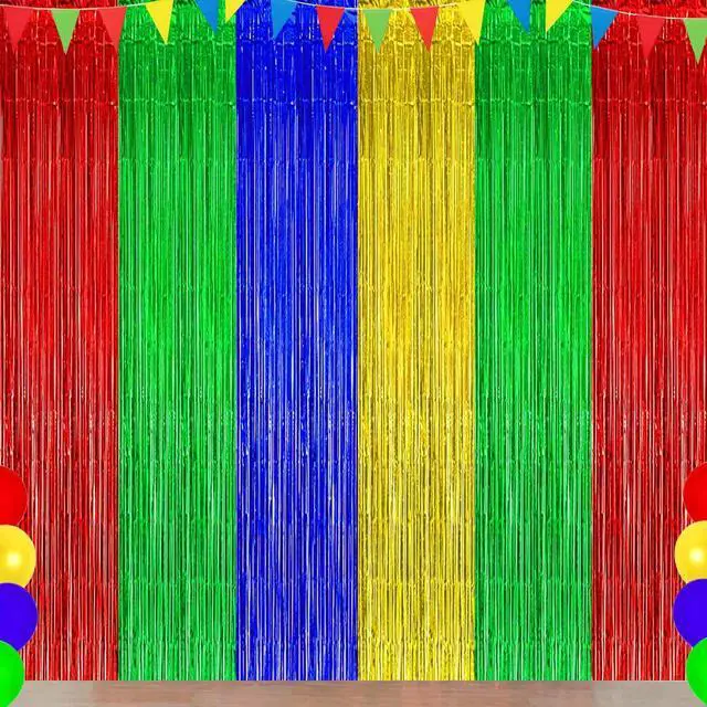 Main image of Blue Red Green Yellow Party Decorations Foil Fringe Backdrops, 3Pack | Blue Red Green Yellow Streamer Tinsel Curtains for Graduation Boys Girls Birthday Baby Shower Party Decor