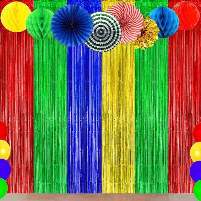 Alt view image 3 of 7 - Blue Red Green Yellow Party Decorations Foil Fringe Backdrops, 3Pack | Blue Red Green Yellow Streamer Tinsel Curtains for Graduation Boys Girls Birthday Baby Shower Party Decor