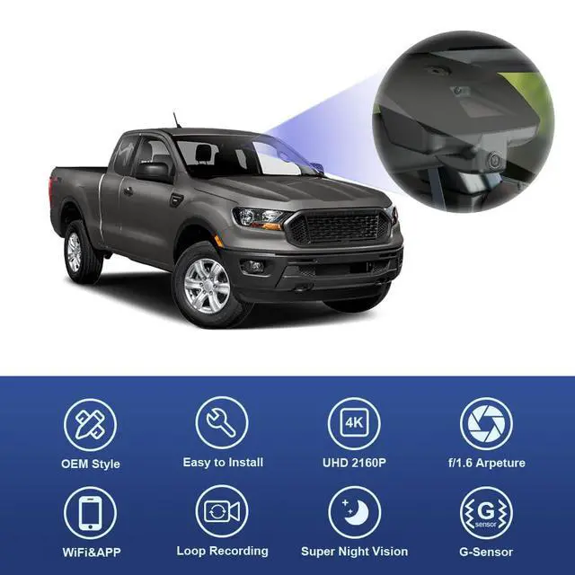 Alt view image 3 of 6 - 4K Dash Cam Suitable for Ford Ranger 2019-2023 XL XLT Lariat (Has Rain Sensor), OEM Factory Look, UHD 2160P Video, Built-in WiFi & APP, Loop Recording, G-Sensor, Easy to Install, 64GB Card