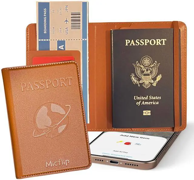 Main image of Smart Passport Holder with Built-in Wireless Tracker MFi Certified Compatible with Apple Find My Travel Wallet with Card Slots, Boarding Pass Pocket & SIM Storage PU Leather (Brown)