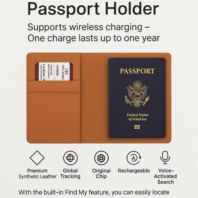 Alt view image 7 of 7 - Smart Passport Holder with Built-in Wireless Tracker MFi Certified Compatible with Apple Find My Travel Wallet with Card Slots, Boarding Pass Pocket & SIM Storage PU Leather (Brown)
