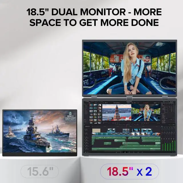 Alt view image 2 of 7 - 18.5" FHD 1080P Dual Portable Monitor 100% sRGB Laptop Screen Extender, 330° Screen Adjustment & 135° Stand, VESA Mountable, USB-C/HDMI, Travel Monitor for Laptop, Windows