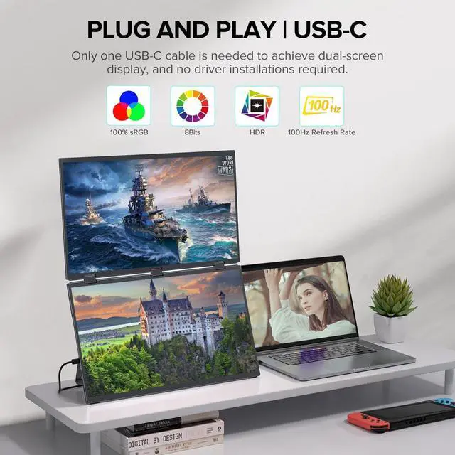 Alt view image 3 of 7 - 18.5" FHD 1080P Dual Portable Monitor 100% sRGB Laptop Screen Extender, 330° Screen Adjustment & 135° Stand, VESA Mountable, USB-C/HDMI, Travel Monitor for Laptop, Windows