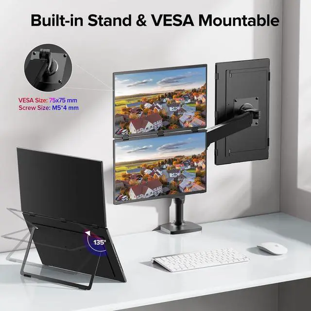 Alt view image 6 of 7 - 18.5" FHD 1080P Dual Portable Monitor 100% sRGB Laptop Screen Extender, 330° Screen Adjustment & 135° Stand, VESA Mountable, USB-C/HDMI, Travel Monitor for Laptop, Windows