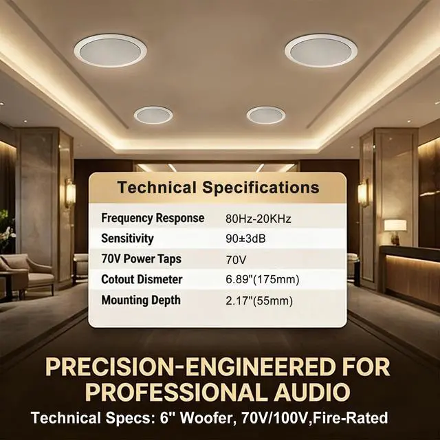 Alt view image 4 of 7 - 6 Inch 70V Commercial Ceiling Speaker, 3W/7.5W/15W Power, 80Hz-20KHz Frequency Response, in-Ceiling Mount PA Speaker for Restaurants and Offices2 Pair
