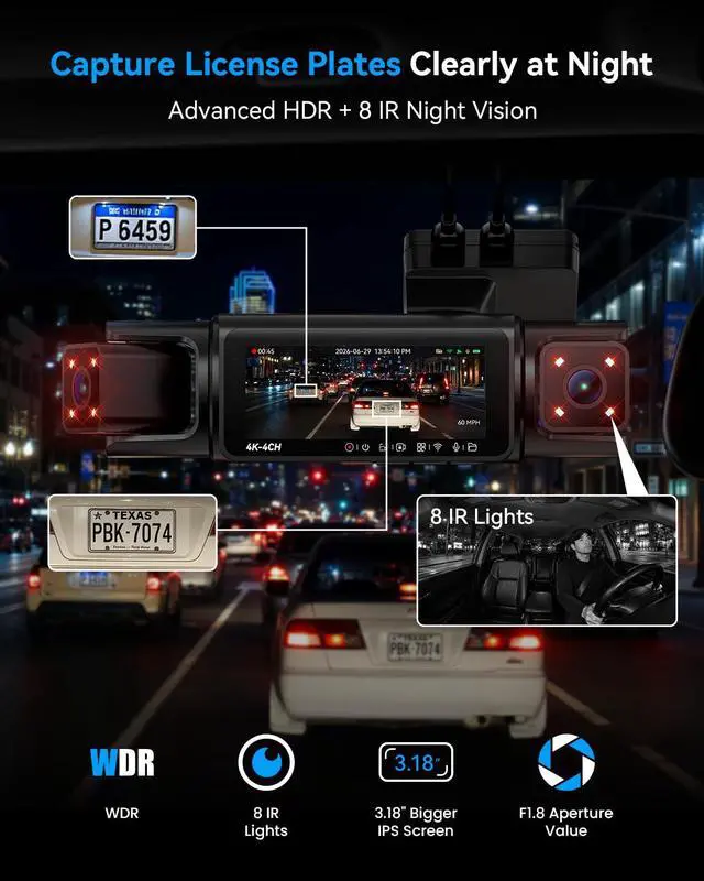 Alt view image 6 of 7 - N7 PRO 4K STARVIS 4-Channel Dash Cam 360° View, 8-IR Night Vision | Free 64GB Card, 4K 2160P Recording with Faster WiFi 6, GPS, 3.18" IPS, 24/7 Parking Mode, Front, Rear & Dual Inside Cams