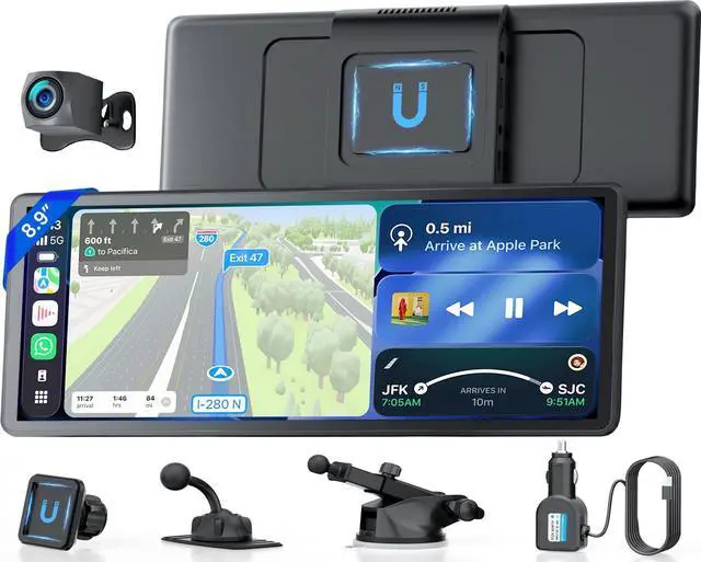 Main image of 8.9" Portable CarPlay Screen for Car with Magnetic Mount | Wireless Apple CarPlay & Android Auto/ Waterproof 1080P Backup Camera/ GPS Navigation/ Plug & Play/ Voice Control/Mirror Link