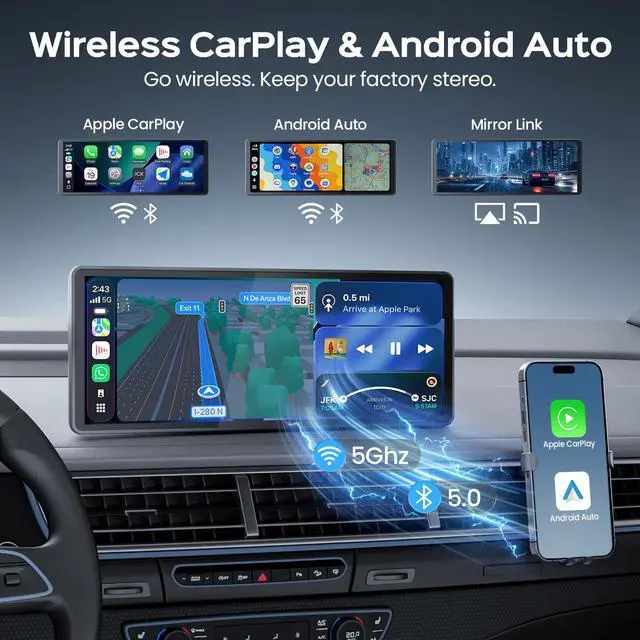 Alt view image 2 of 7 - 8.9" Portable CarPlay Screen for Car with Magnetic Mount | Wireless Apple CarPlay & Android Auto/ Waterproof 1080P Backup Camera/ GPS Navigation/ Plug & Play/ Voice Control/Mirror Link