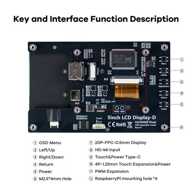 Alt view image 4 of 7 - 5 inches Touchscreen IPS LCD Display Panel 1024×600 HDMI Capacitive Screen for Raspberry Pi5/Pi4/Pi3/ZERO 2W, BB Black, Windows
