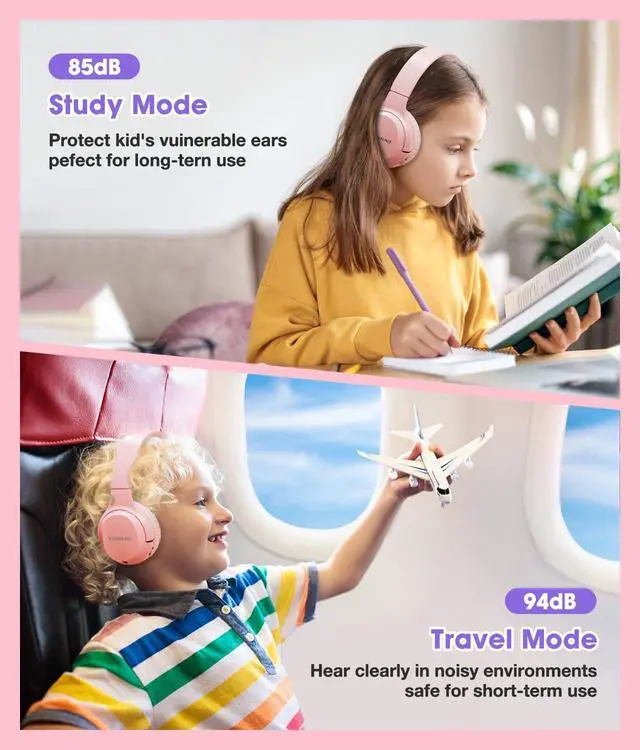 Alt view image 2 of 7 - Kids Headphones Bluetooth 60H, Foldable On Ear Headphone with MIC, Volume Limiter 85dB/94dB Wireless & Wired Headphones, Over-Ear Headphone for Kid Adult School Online Class Travel, Pink