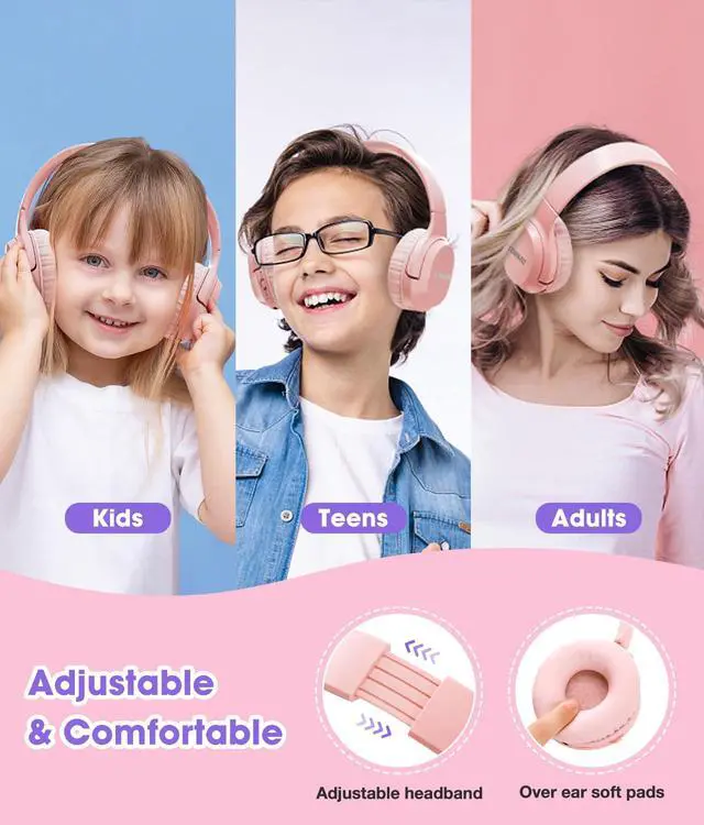 Alt view image 6 of 7 - Kids Headphones Bluetooth 60H, Foldable On Ear Headphone with MIC, Volume Limiter 85dB/94dB Wireless & Wired Headphones, Over-Ear Headphone for Kid Adult School Online Class Travel, Pink