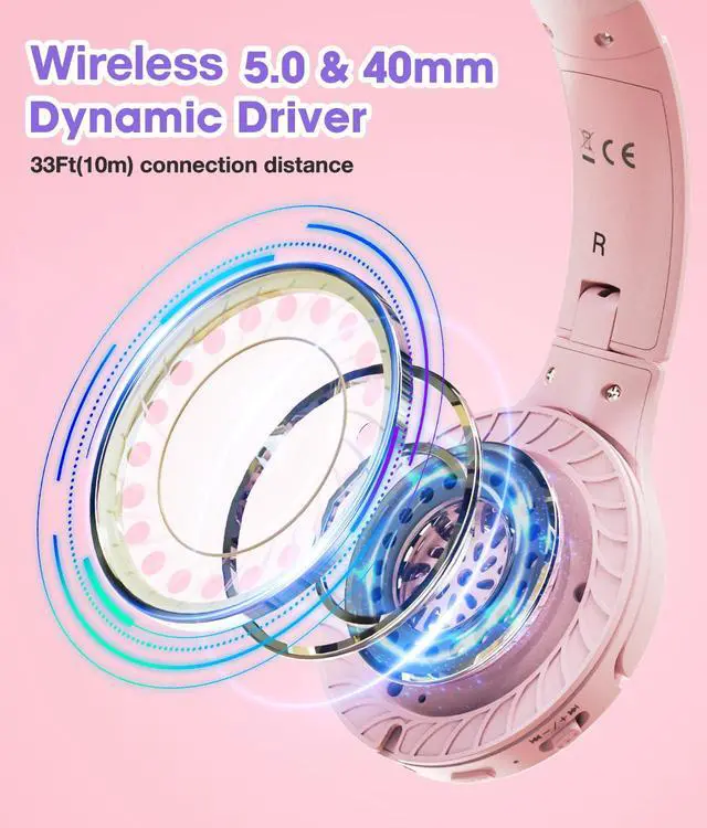 Alt view image 3 of 7 - Kids Headphones Bluetooth 60H, Foldable On Ear Headphone with MIC, Volume Limiter 85dB/94dB Wireless & Wired Headphones, Over-Ear Headphone for Kid Adult School Online Class Travel, Pink