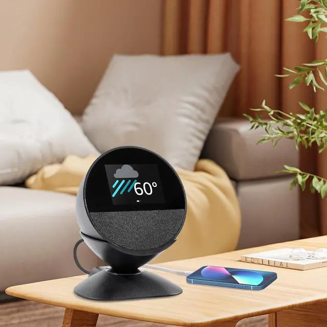 Alt view image 5 of 7 - Adjustable Stand for Echo Spot (2024 Release) and Homepod Mini with USB-C and USB-A Charging Ports, 280 Degree Rotating Base and Anti-Slip Silicone Pad for Smartphones & More
