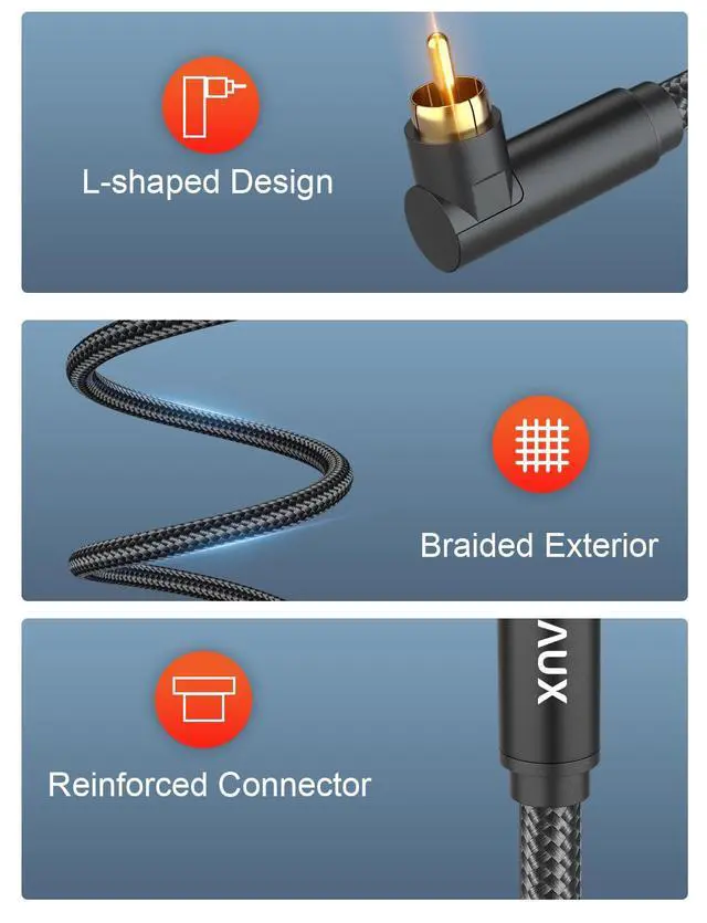 Alt view image 3 of 7 - Subwoofer Cable 90 Degree RCA to RCA Audio Stereo Cable Male to Male 24K Gold Plated Connector Nylon Braided Double Shielded Clean Sounding Signal Black/10ft/3m