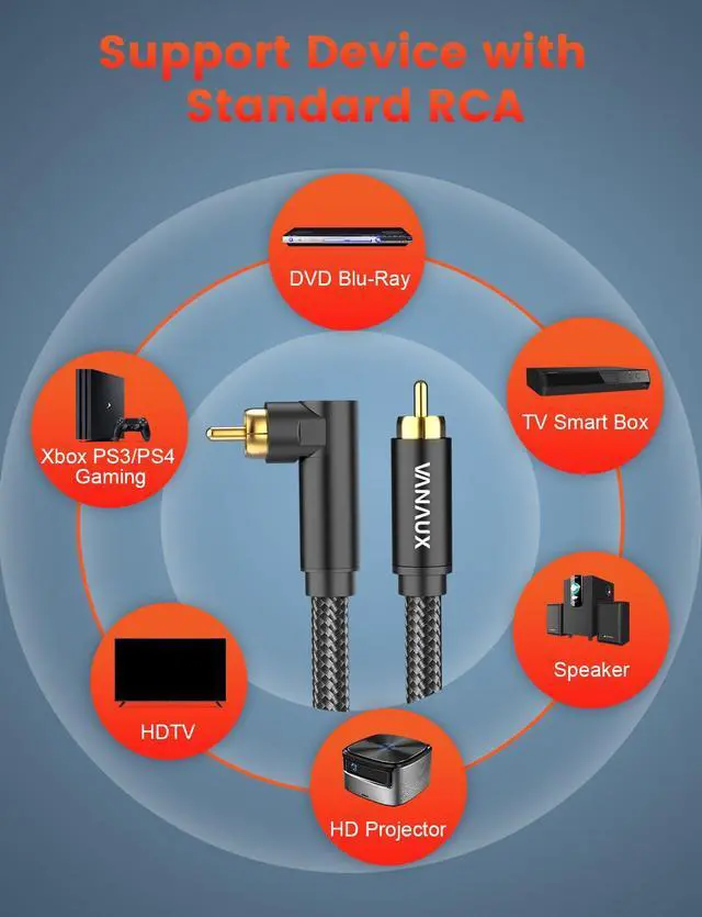 Alt view image 6 of 7 - Subwoofer Cable 90 Degree RCA to RCA Audio Stereo Cable Male to Male 24K Gold Plated Connector Nylon Braided Double Shielded Clean Sounding Signal Black/10ft/3m