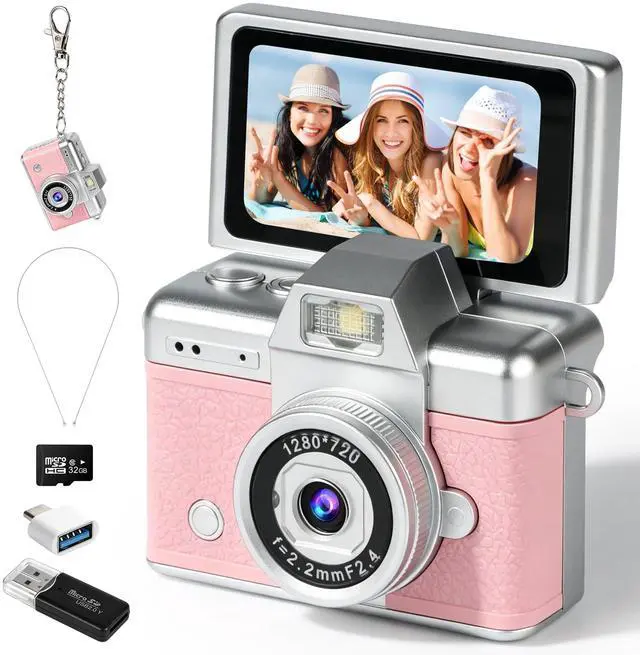 Main image of Mini Flip Screen Digital Camera, 1.47 Inch Pocket Retro Camera with USB-C Charging, 1080P/720P Video, MicroSD Support Up to 128GB, Portable Keychain Camera (Pink)