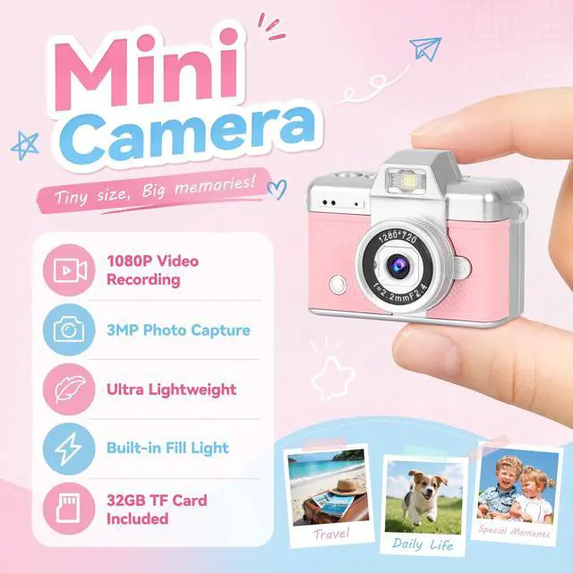 Alt view image 2 of 7 - Mini Flip Screen Digital Camera, 1.47 Inch Pocket Retro Camera with USB-C Charging, 1080P/720P Video, MicroSD Support Up to 128GB, Portable Keychain Camera (Pink)