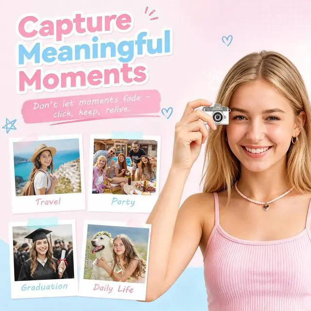 Alt view image 3 of 7 - Mini Flip Screen Digital Camera, 1.47 Inch Pocket Retro Camera with USB-C Charging, 1080P/720P Video, MicroSD Support Up to 128GB, Portable Keychain Camera (Pink)