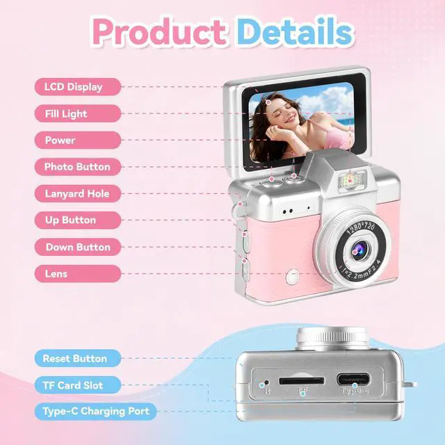Alt view image 6 of 7 - Mini Flip Screen Digital Camera, 1.47 Inch Pocket Retro Camera with USB-C Charging, 1080P/720P Video, MicroSD Support Up to 128GB, Portable Keychain Camera (Pink)
