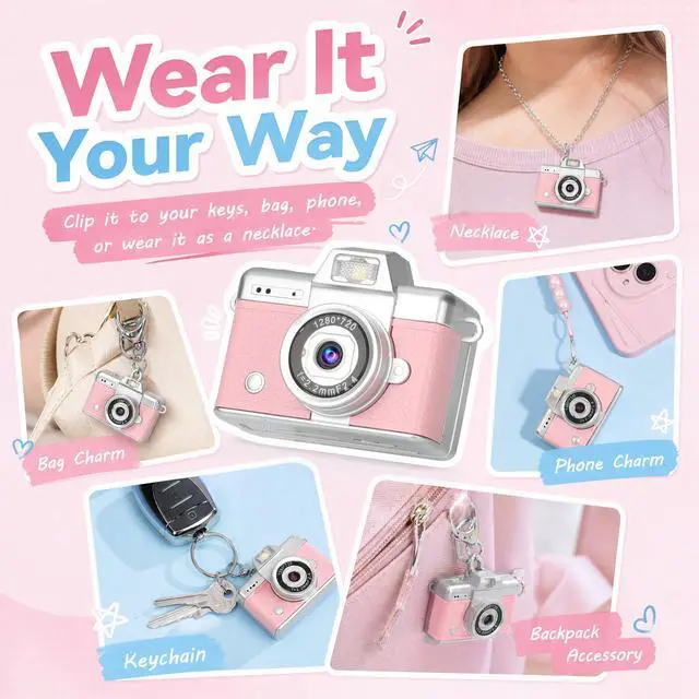 Alt view image 5 of 7 - Mini Flip Screen Digital Camera, 1.47 Inch Pocket Retro Camera with USB-C Charging, 1080P/720P Video, MicroSD Support Up to 128GB, Portable Keychain Camera (Pink)